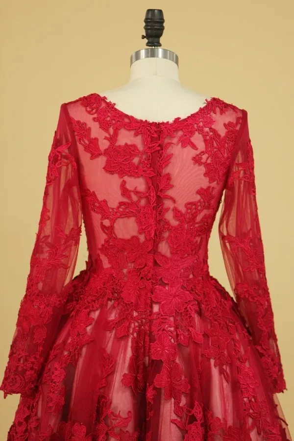 2024 Long Sleeves Scoop A Line Prom Dresses Tulle With Applique Tea PS4XAC35