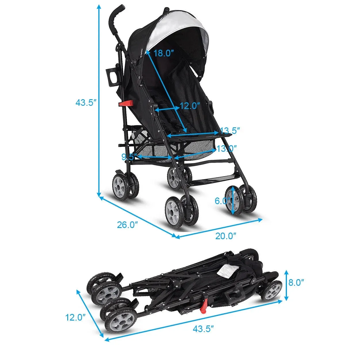 Costway Folding Lightweight Baby Toddler Umbrella Travel Stroller with Storage Basket Black