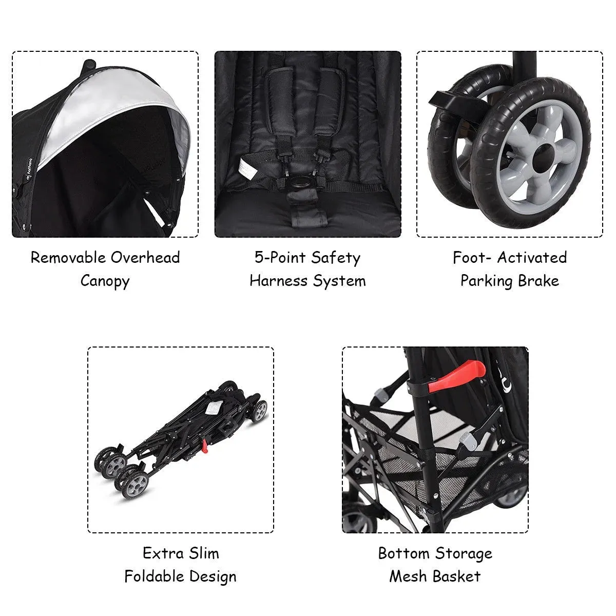 Costway Folding Lightweight Baby Toddler Umbrella Travel Stroller with Storage Basket Black