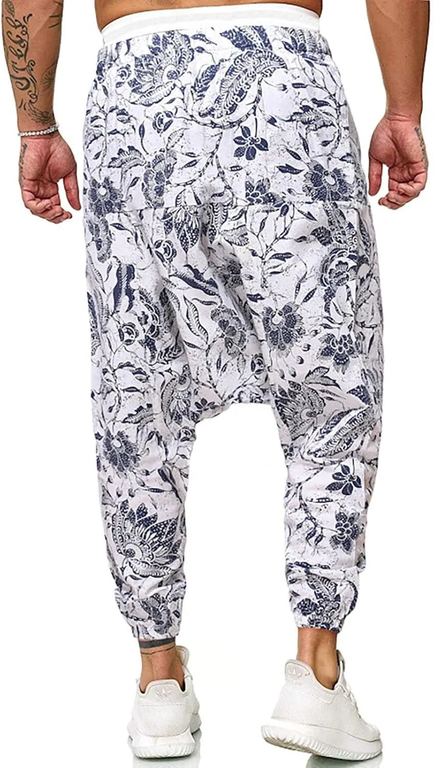 Mens Hippie Wide Leg Loose Baggy Harem Pants with Pockets Summer Beach Yoga Pants Elastic Waist Capri Drop Crotch Trousers