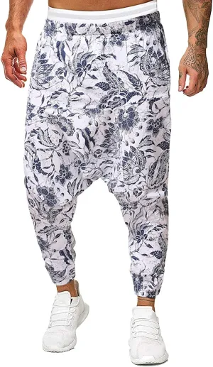 Mens Hippie Wide Leg Loose Baggy Harem Pants with Pockets Summer Beach Yoga Pants Elastic Waist Capri Drop Crotch Trousers