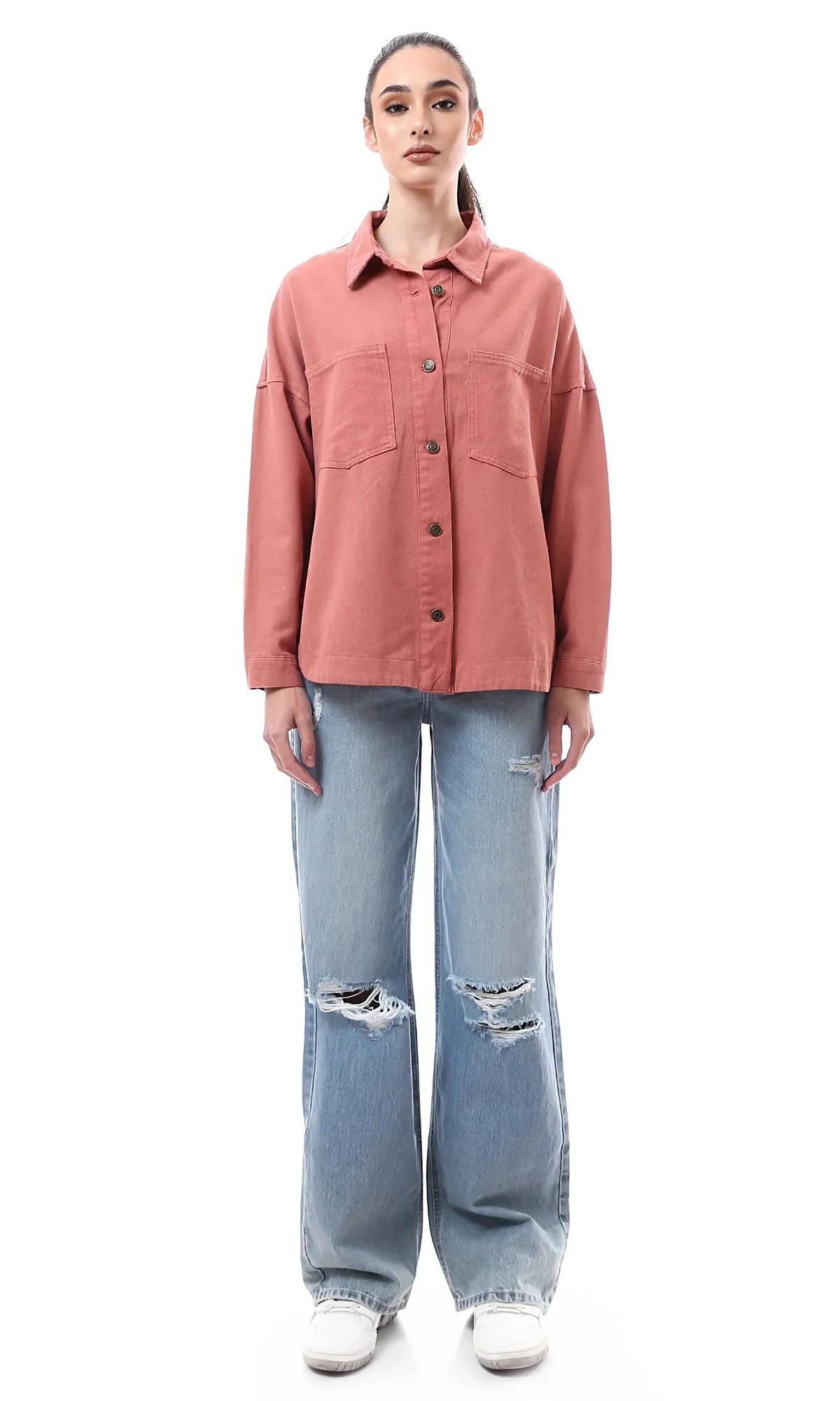 O172038 Coral Pink Gabardine Shirt With Side Slits