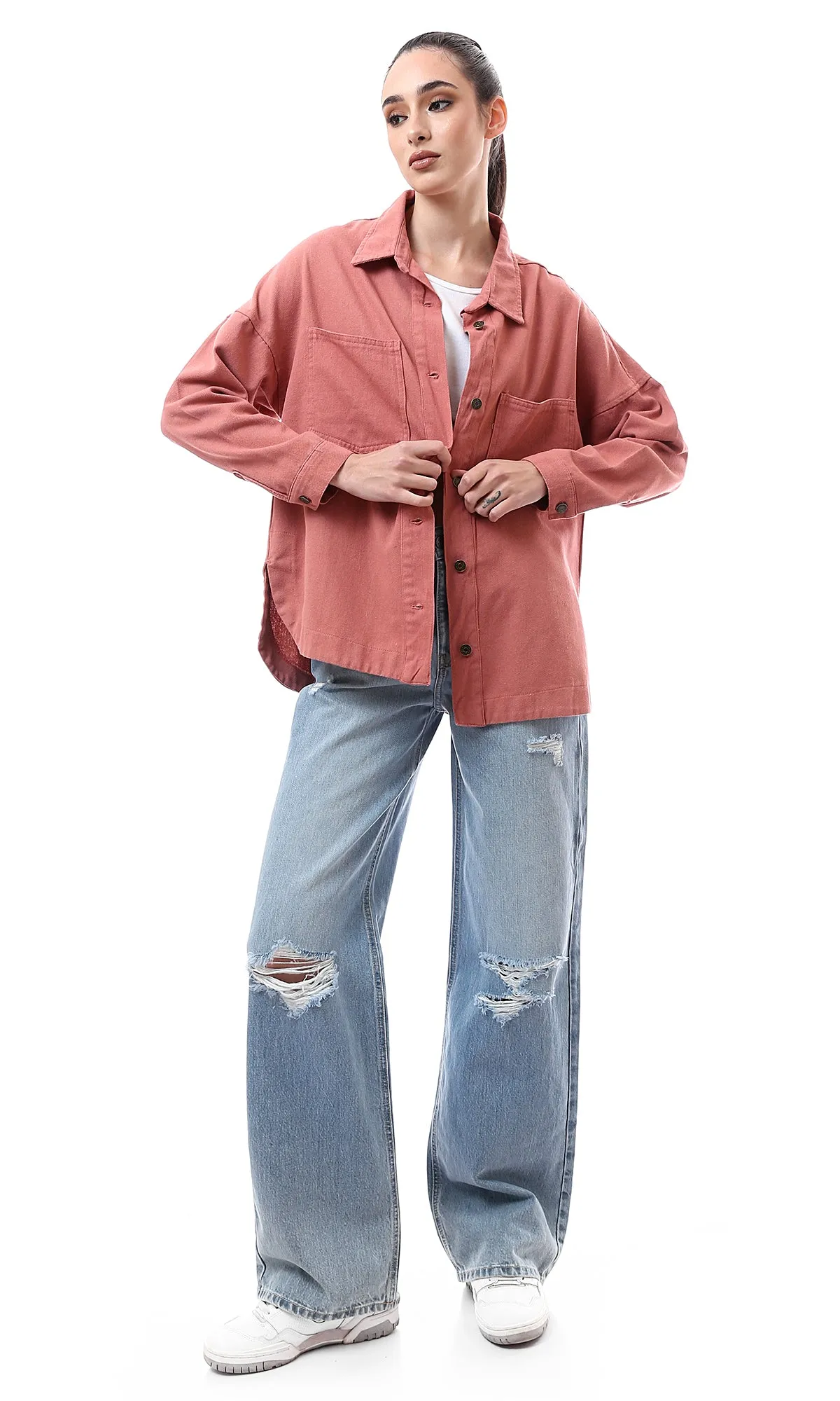 O172038 Coral Pink Gabardine Shirt With Side Slits