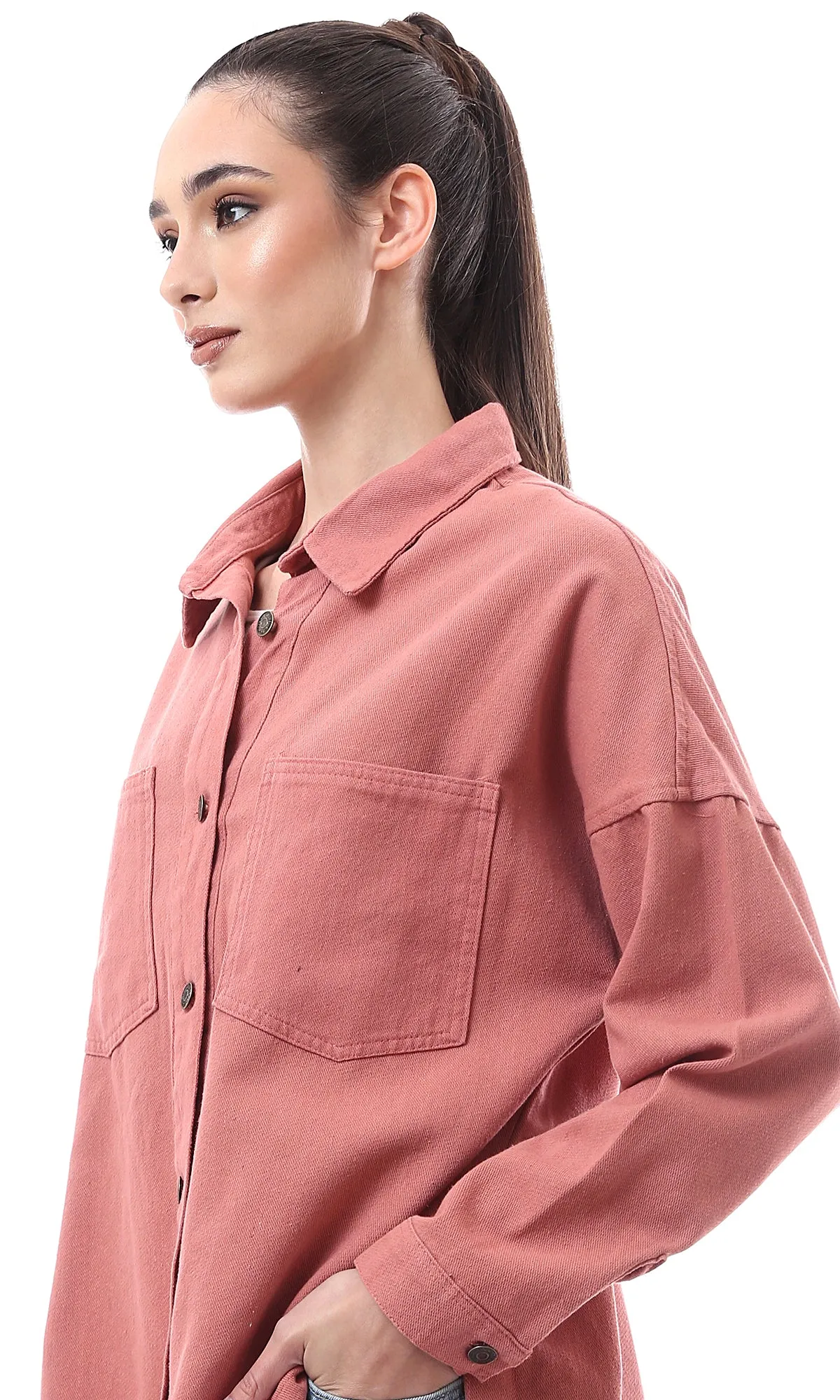 O172038 Coral Pink Gabardine Shirt With Side Slits