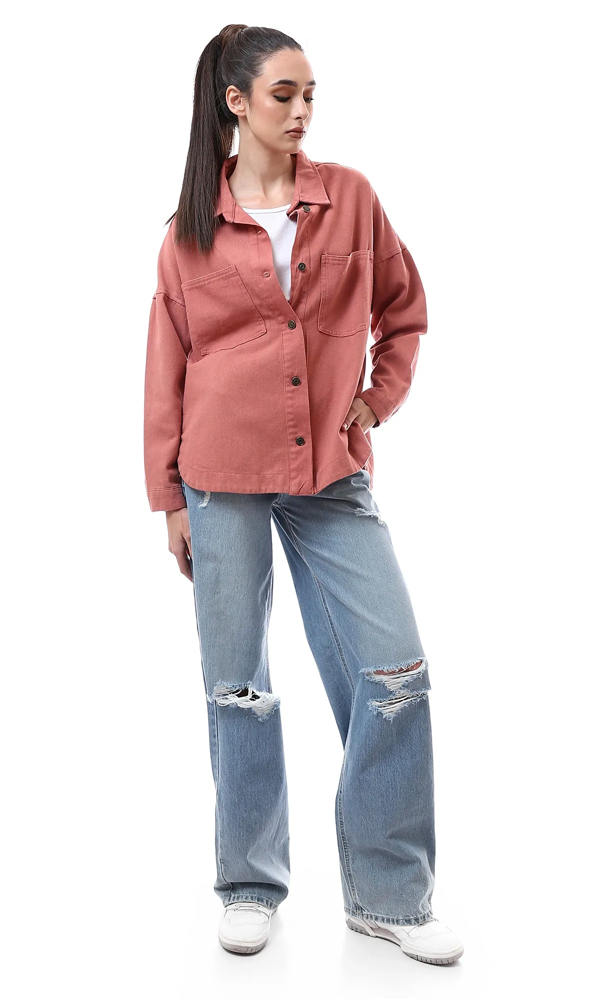 O172038 Coral Pink Gabardine Shirt With Side Slits